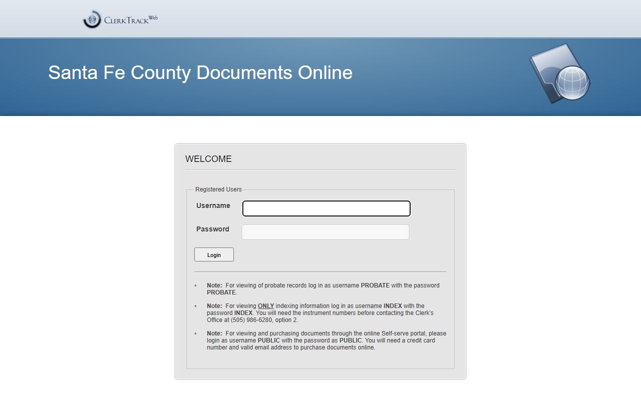 Santa Fe County Court Clerk records ClerkTrackWeb public login