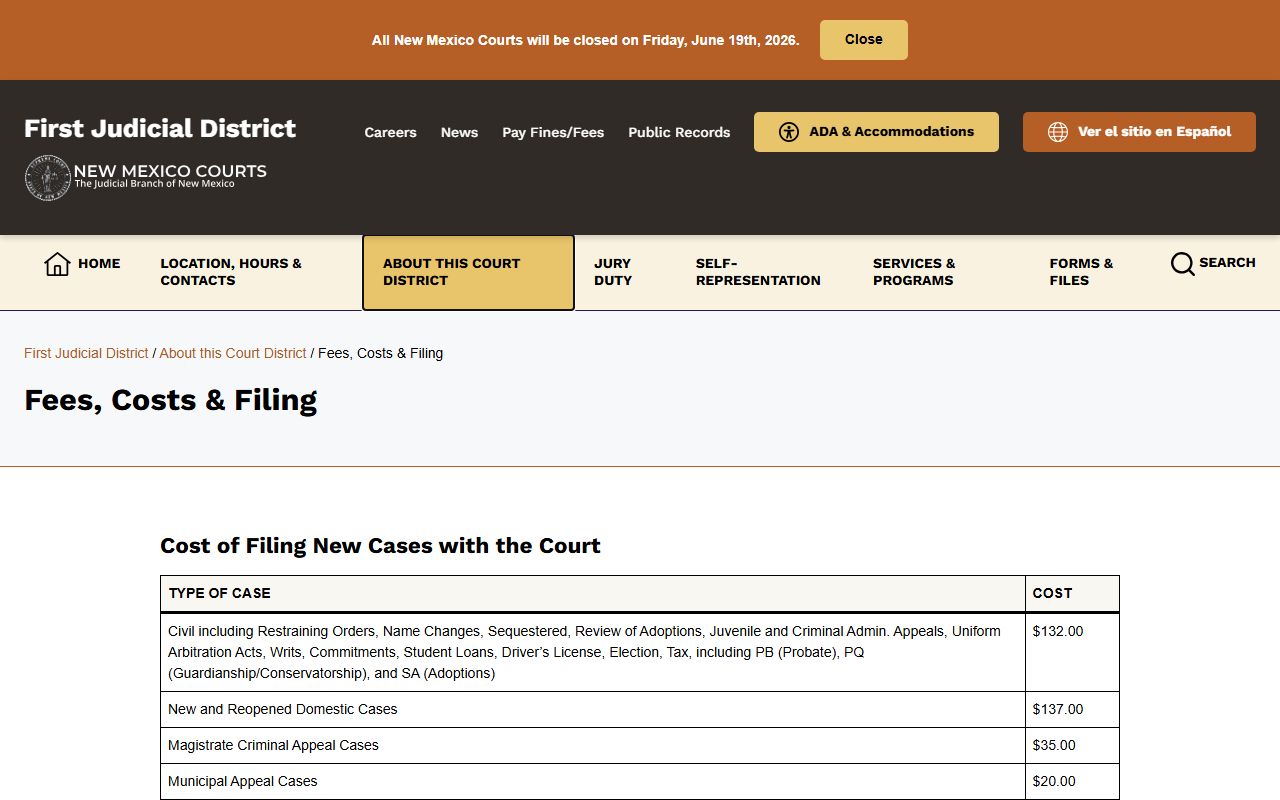Santa Fe County Court Clerk records filing and copy fees