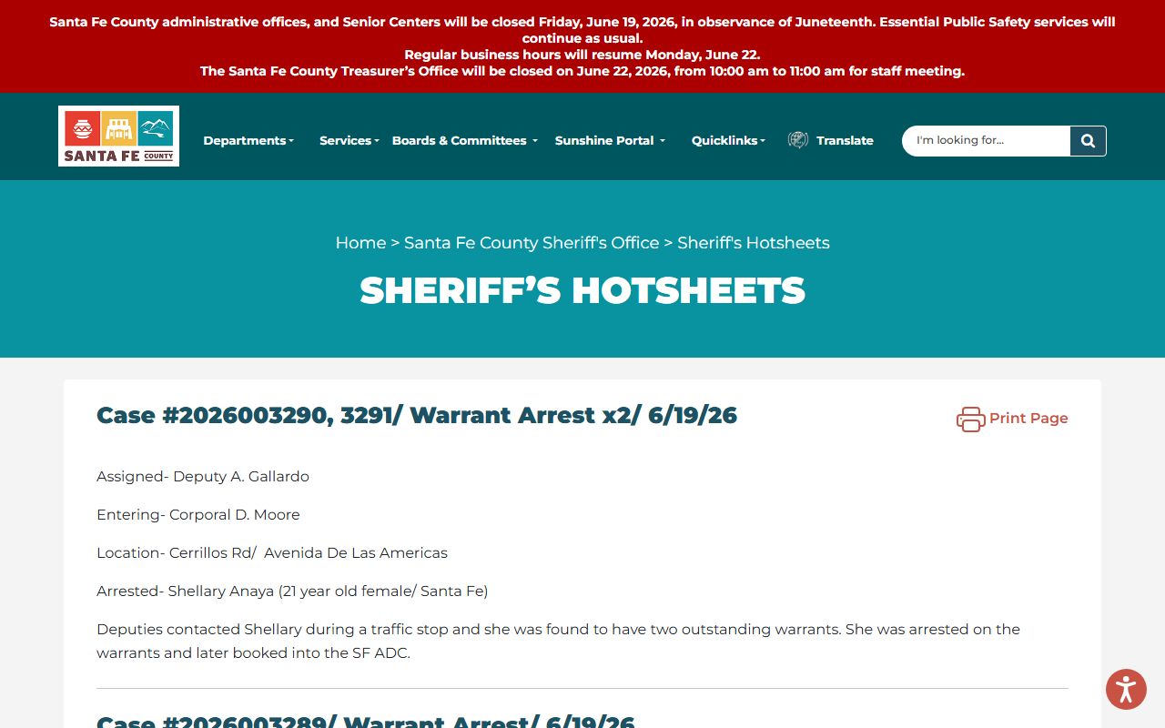 Santa Fe County arrest records Sheriff's hot sheets source