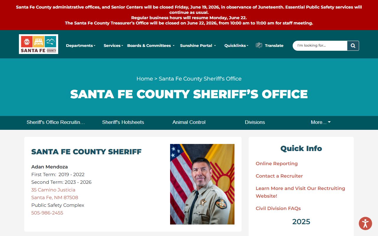Santa Fe County arrest records Sheriff's Office contact page