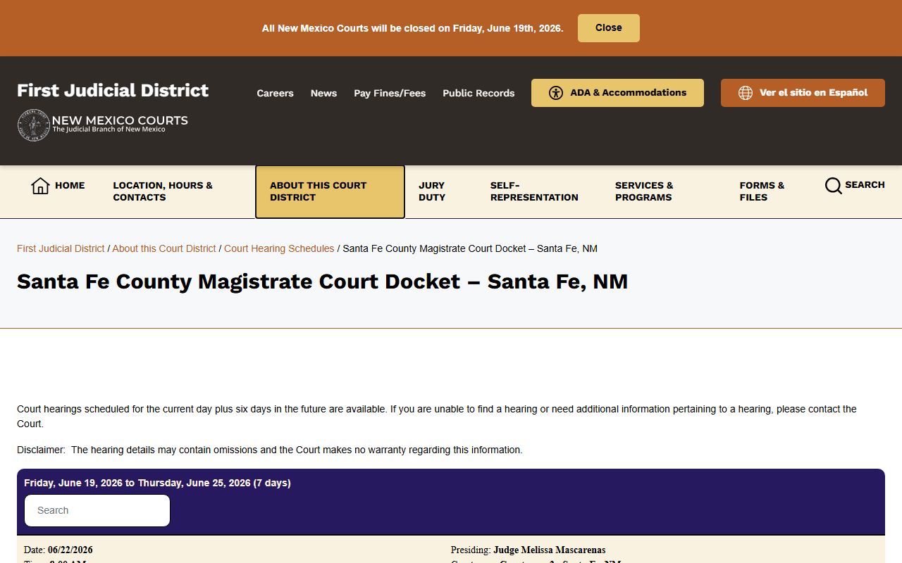 Santa Fe County court records Magistrate Court docket page