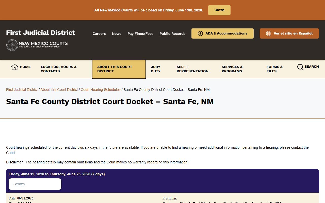 Santa Fe County court records District Court docket page