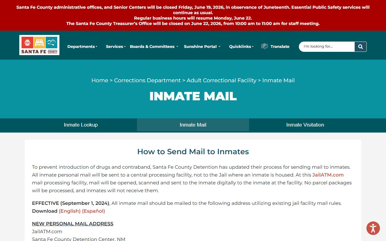 Santa Fe County inmate records jail mail source