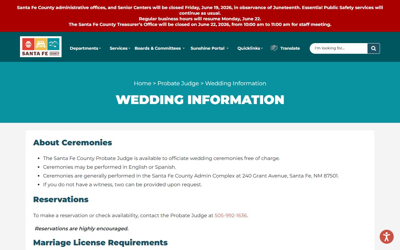 Santa Fe County marriage records Probate Judge wedding information