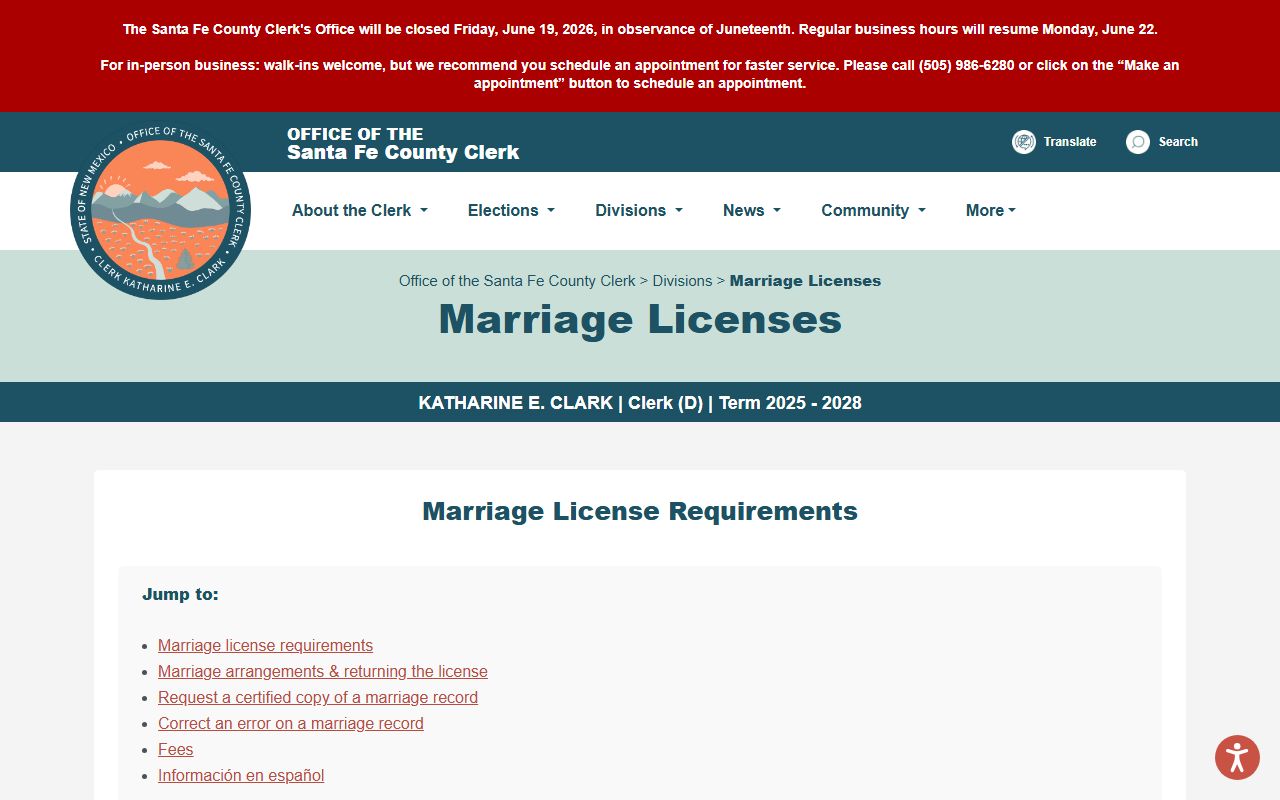 Santa Fe County marriage records license requirements page