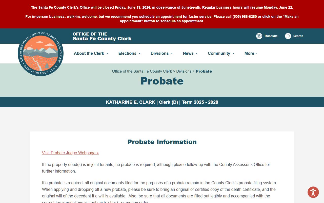 Santa Fe County probate records County Clerk probate filing information