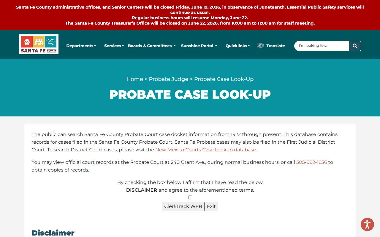 Santa Fe County probate records case lookup page